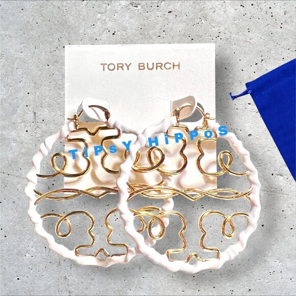 Tory Burch White and Gold Logo Hoop Earrings (6cm) - Picture 1 of 4